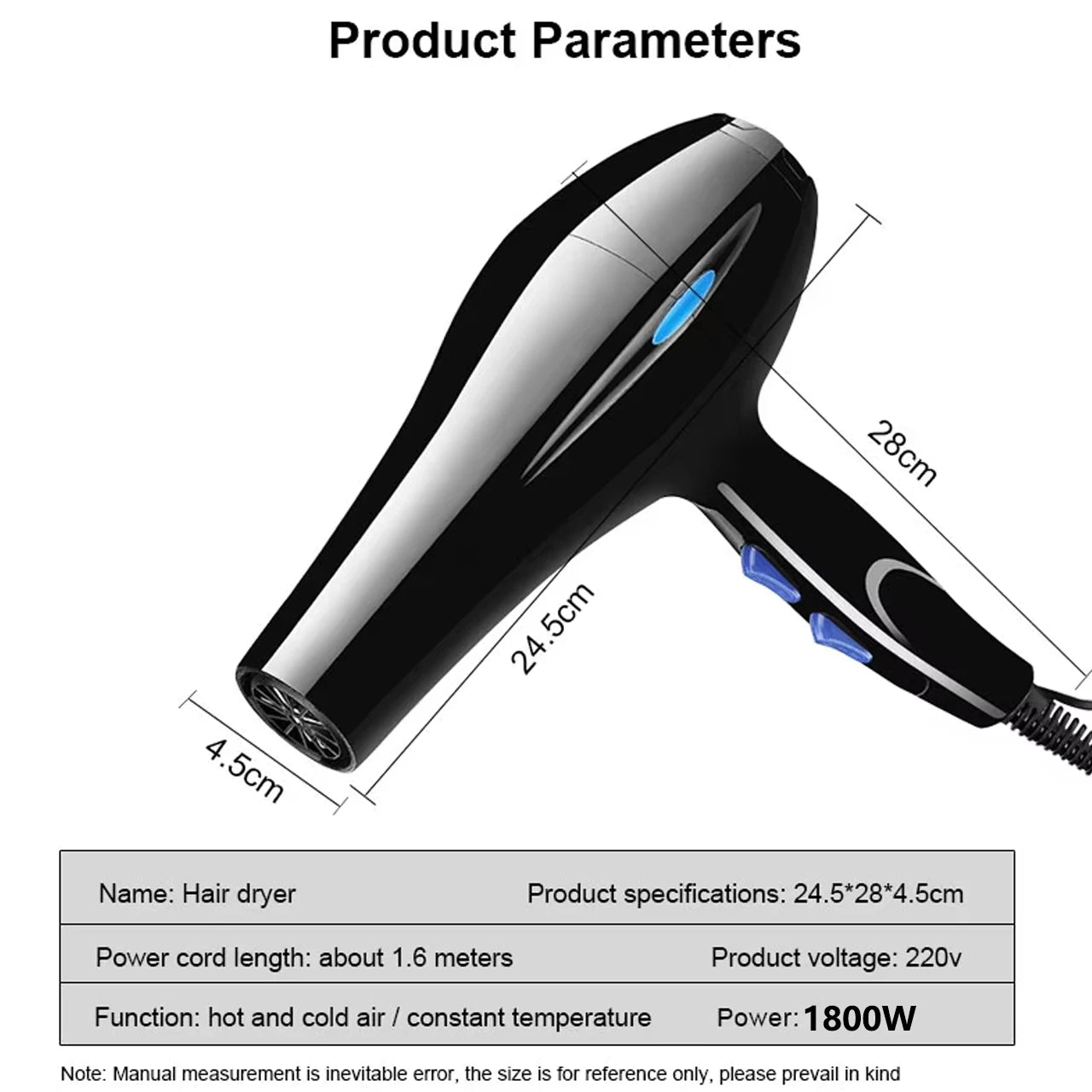 Hair Dryer 1800W Professional Powerful Hair Dryer Fast Heating Hot And Cold Adjustment Ionic Air Blow Dryer with Air Collecting