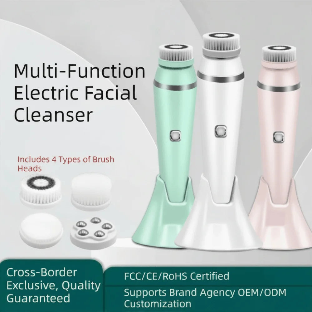 Silicone Electric Facial Cleansing Brush 4 Replaceable Brush Heads Ultrasonic Face Cleansing Device USB Recharge Genttle