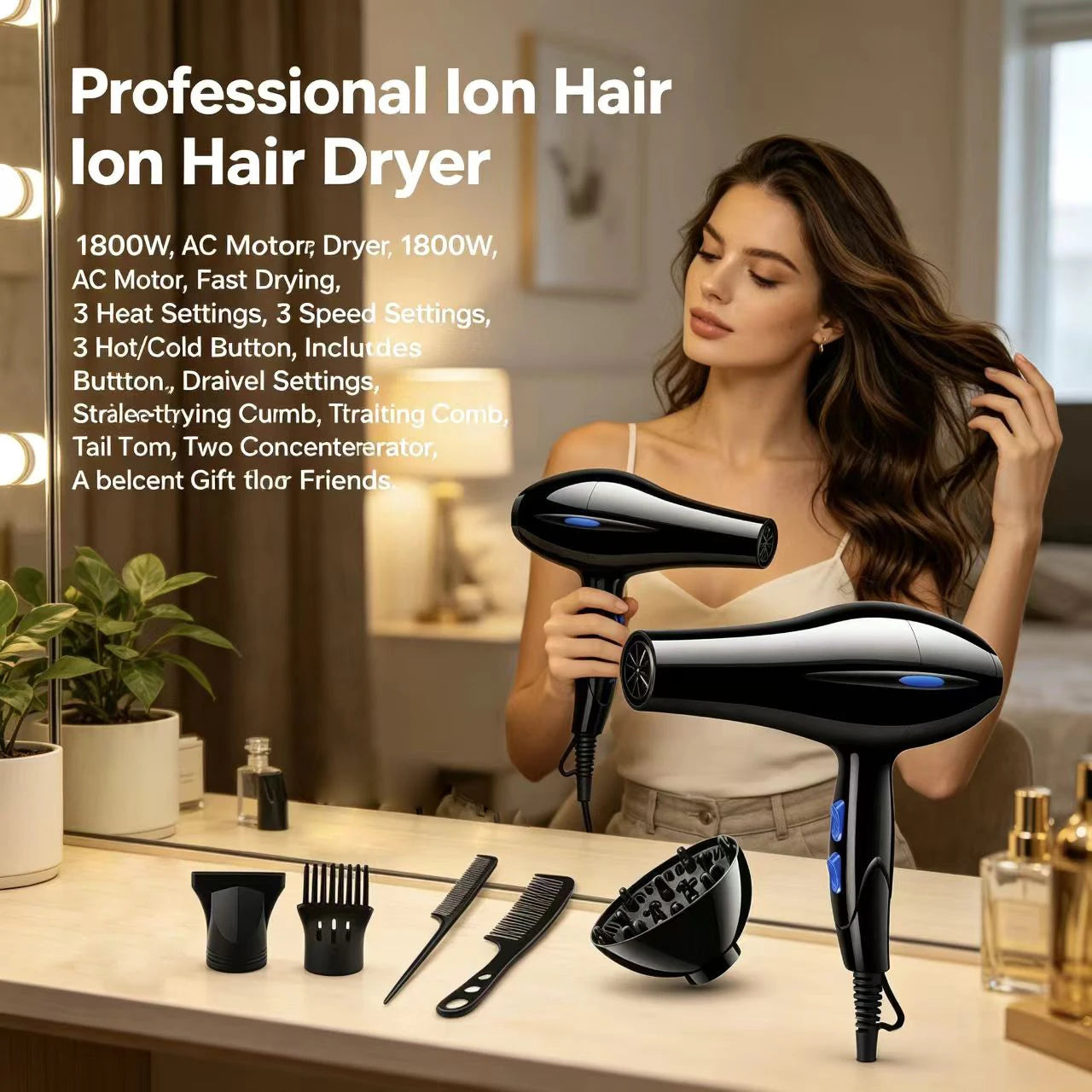 Hair Dryer 1800W Professional Powerful Hair Dryer Fast Heating Hot And Cold Adjustment Ionic Air Blow Dryer with Air Collecting
